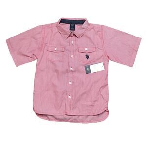 U.S. Polo Assn. Boys Button Down Short Sleeve Stripe Red Embroidered Logo 7 NWT